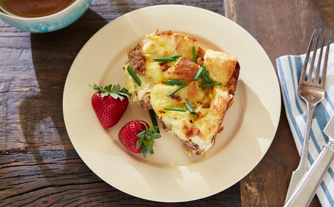 Breakfast Challah, Smoked Cheddar and Sausage Bread Pudding