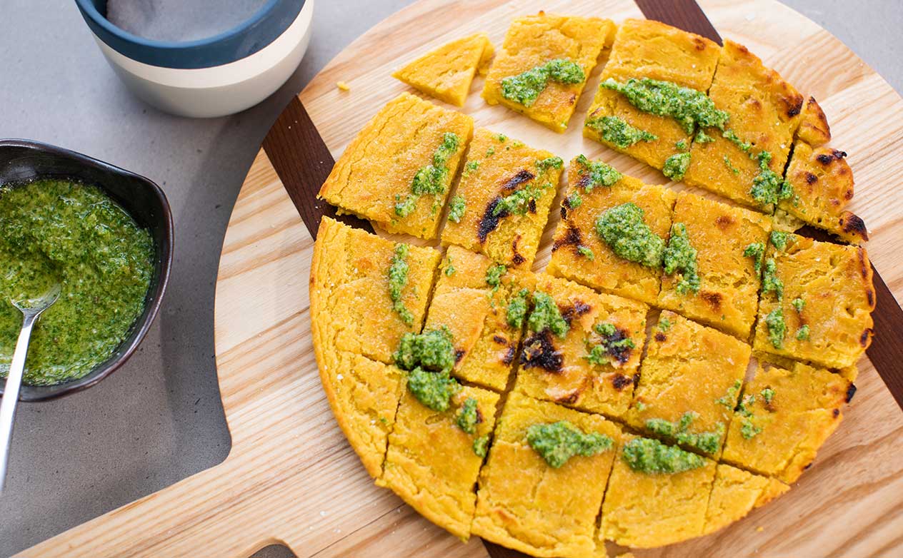 Socca Flatbread with Arugula Pesto